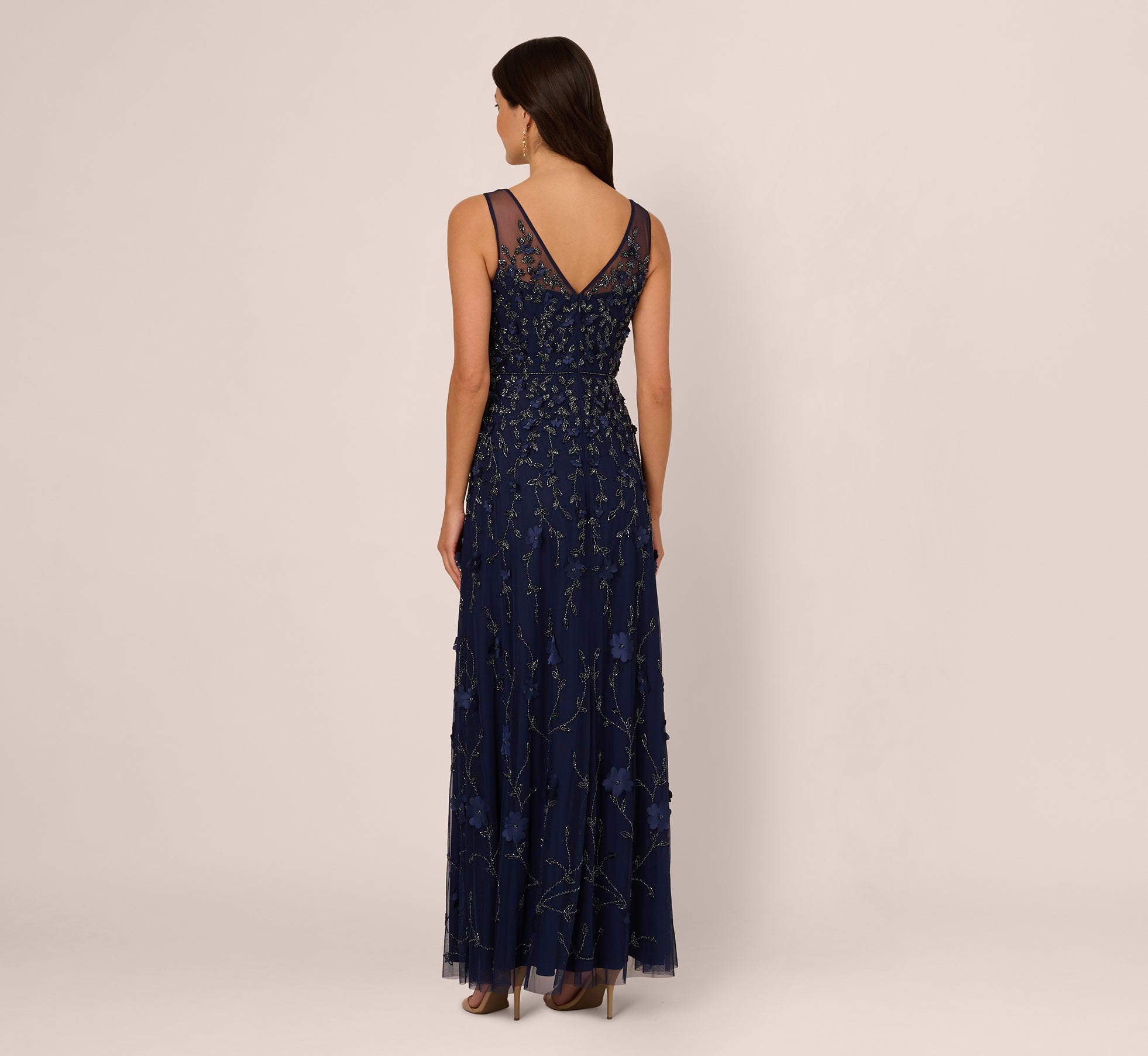 Sleeveless Illusion 3D Petal Beaded Gown In Light Navy