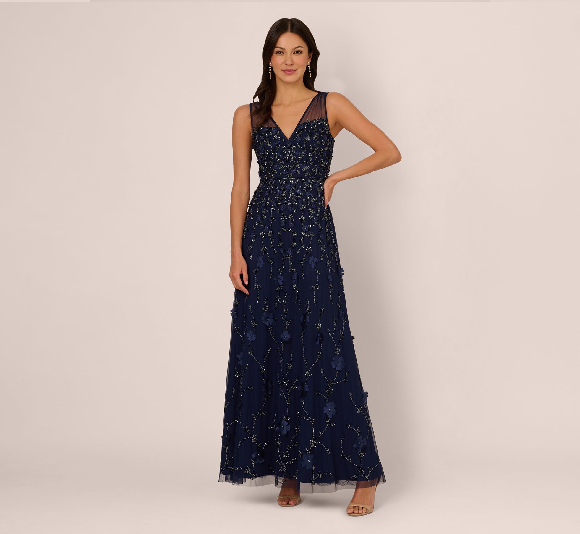 Sleeveless Illusion 3D Petal Beaded Gown In Light Navy