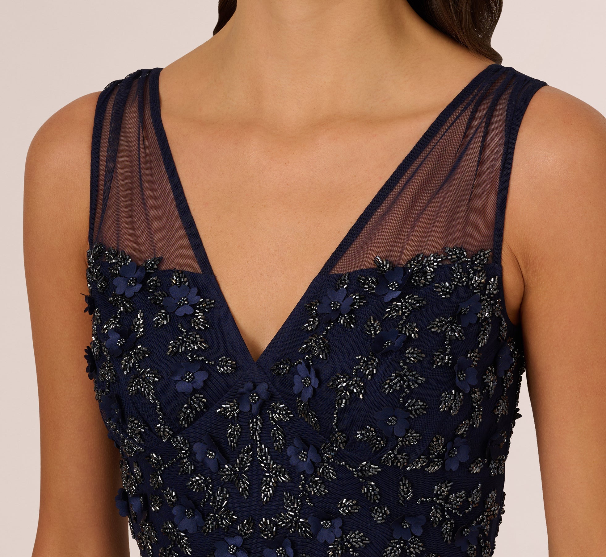 Sleeveless Illusion 3D Petal Beaded Gown In Light Navy