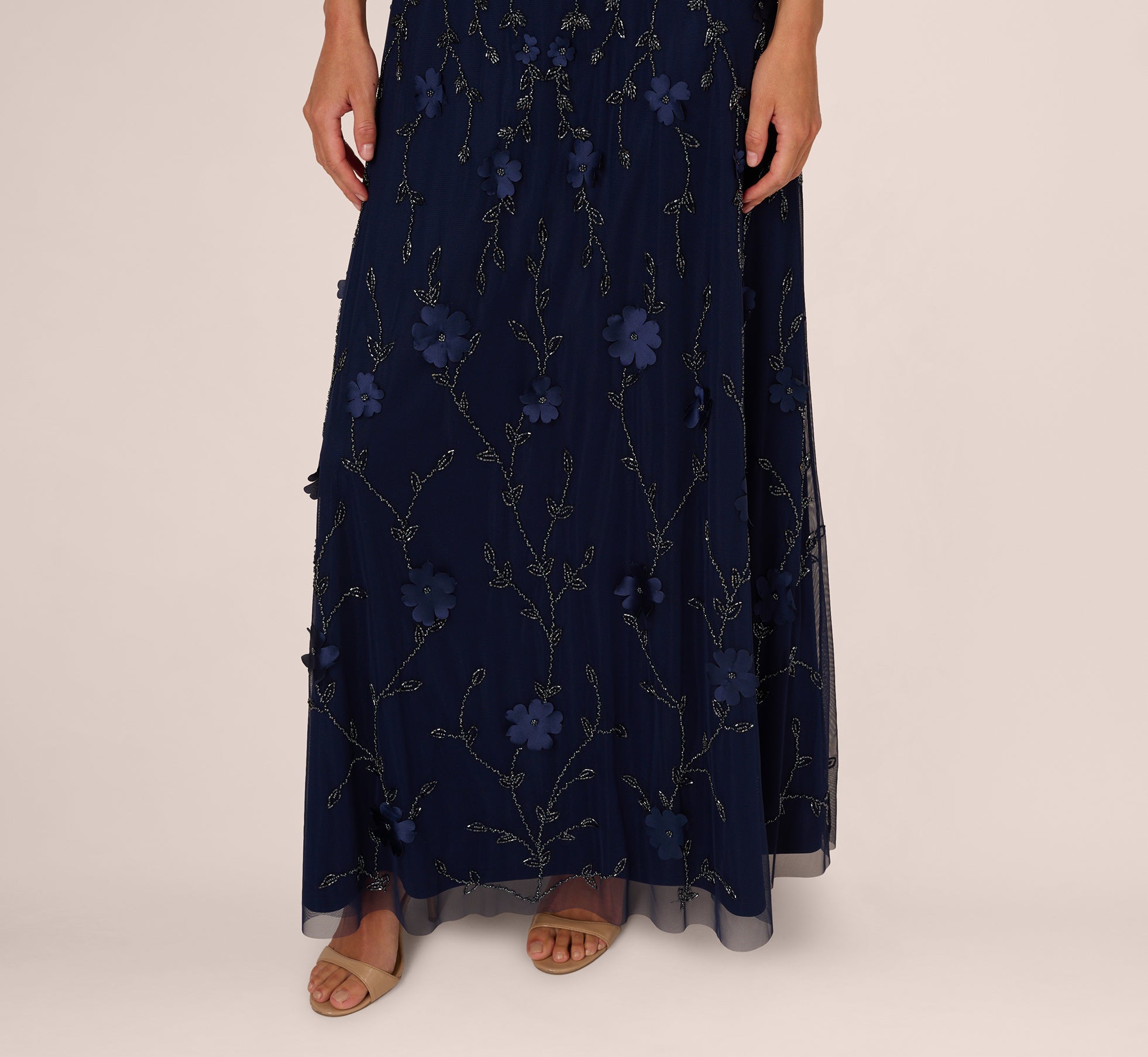 Sleeveless Illusion 3D Petal Beaded Gown In Light Navy