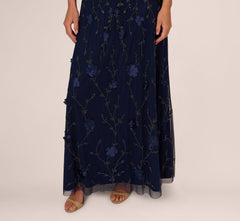Sleeveless Illusion 3D Petal Beaded Gown In Light Navy