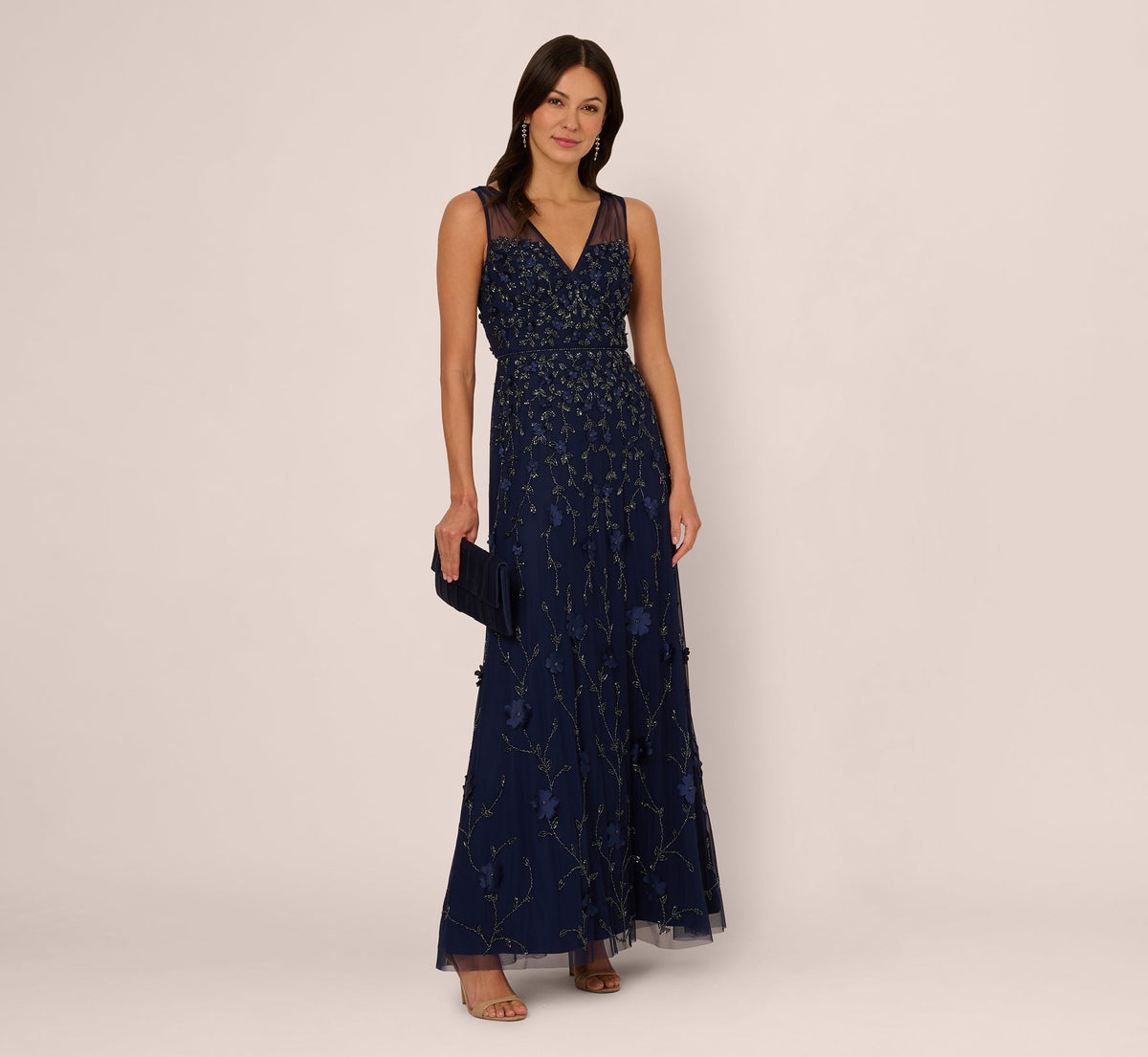 Sleeveless Illusion 3D Petal Beaded Gown In Light Navy