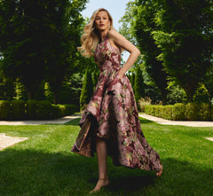 Sleeveless Floral Jacquard High Low Gown In Burgundy Multi