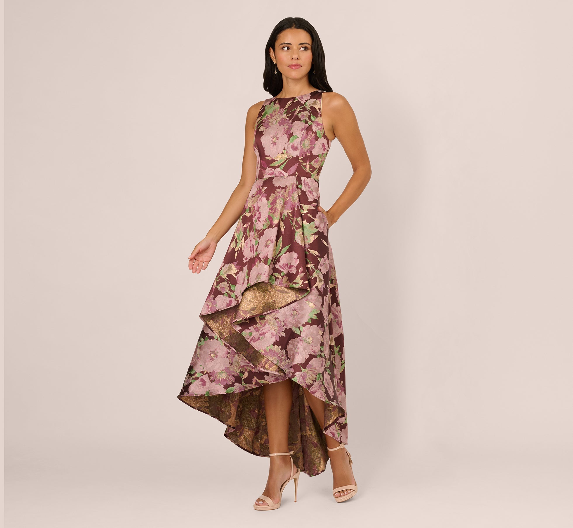 Sleeveless Floral Jacquard High Low Gown In Burgundy Multi