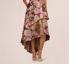 Sleeveless Floral Jacquard High Low Gown In Burgundy Multi