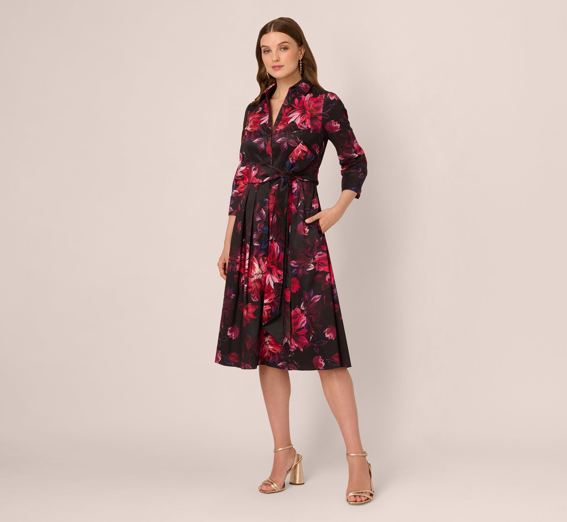 Three Quarter Sleeve Floral Taffeta Shirt Dress In Black Multi