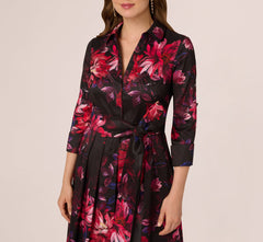 Three Quarter Sleeve Floral Taffeta Shirt Dress In Black Multi