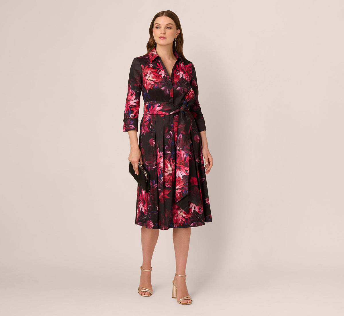 Three Quarter Sleeve Floral Taffeta Shirt Dress In Black Multi