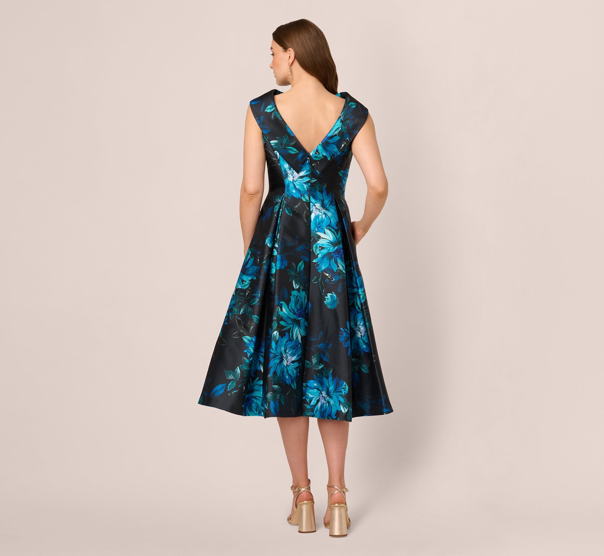 Sleeveless Roll Collar Floral Midi Dress In Navy Multi