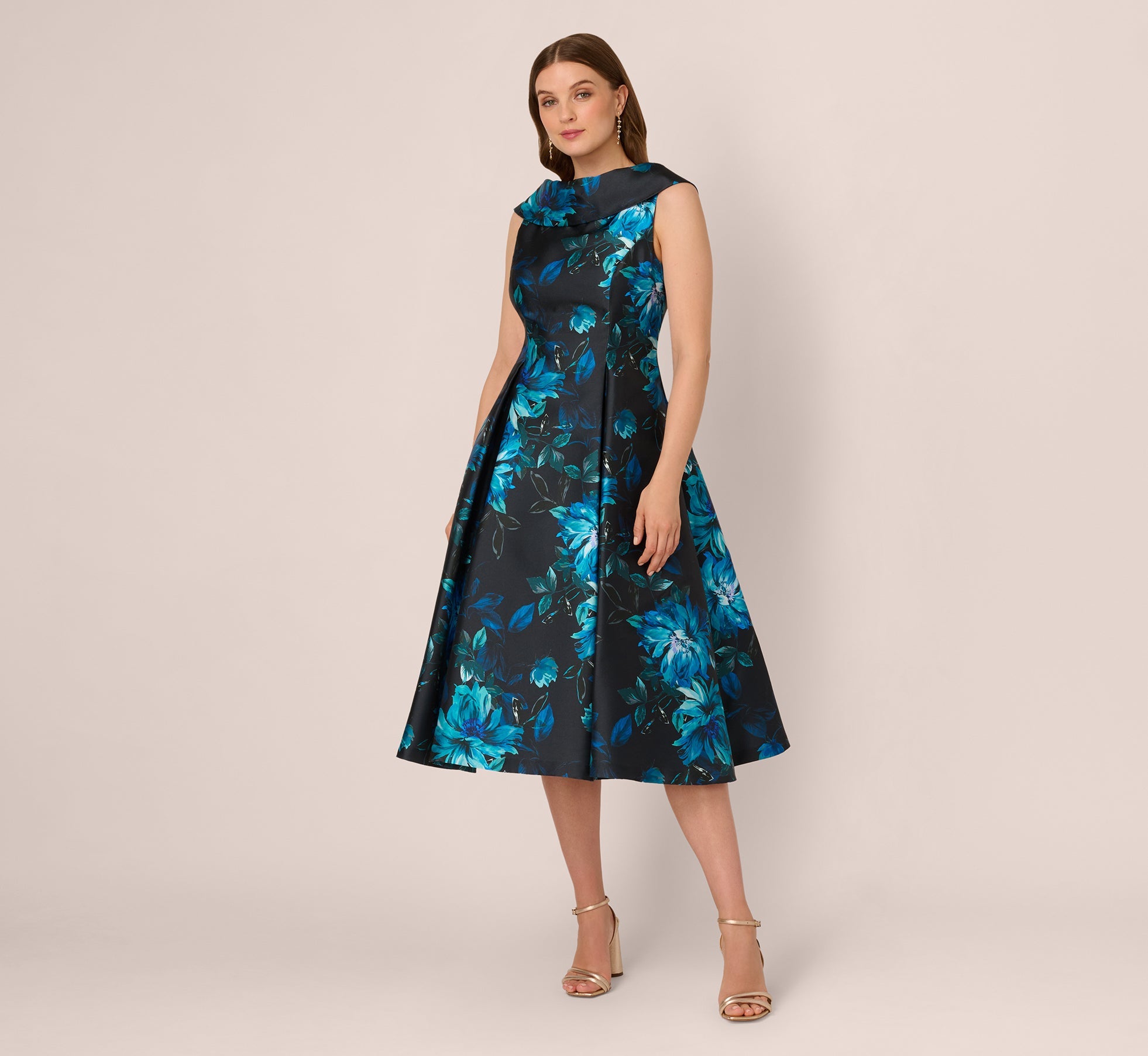Sleeveless Roll Collar Floral Midi Dress In Navy Multi