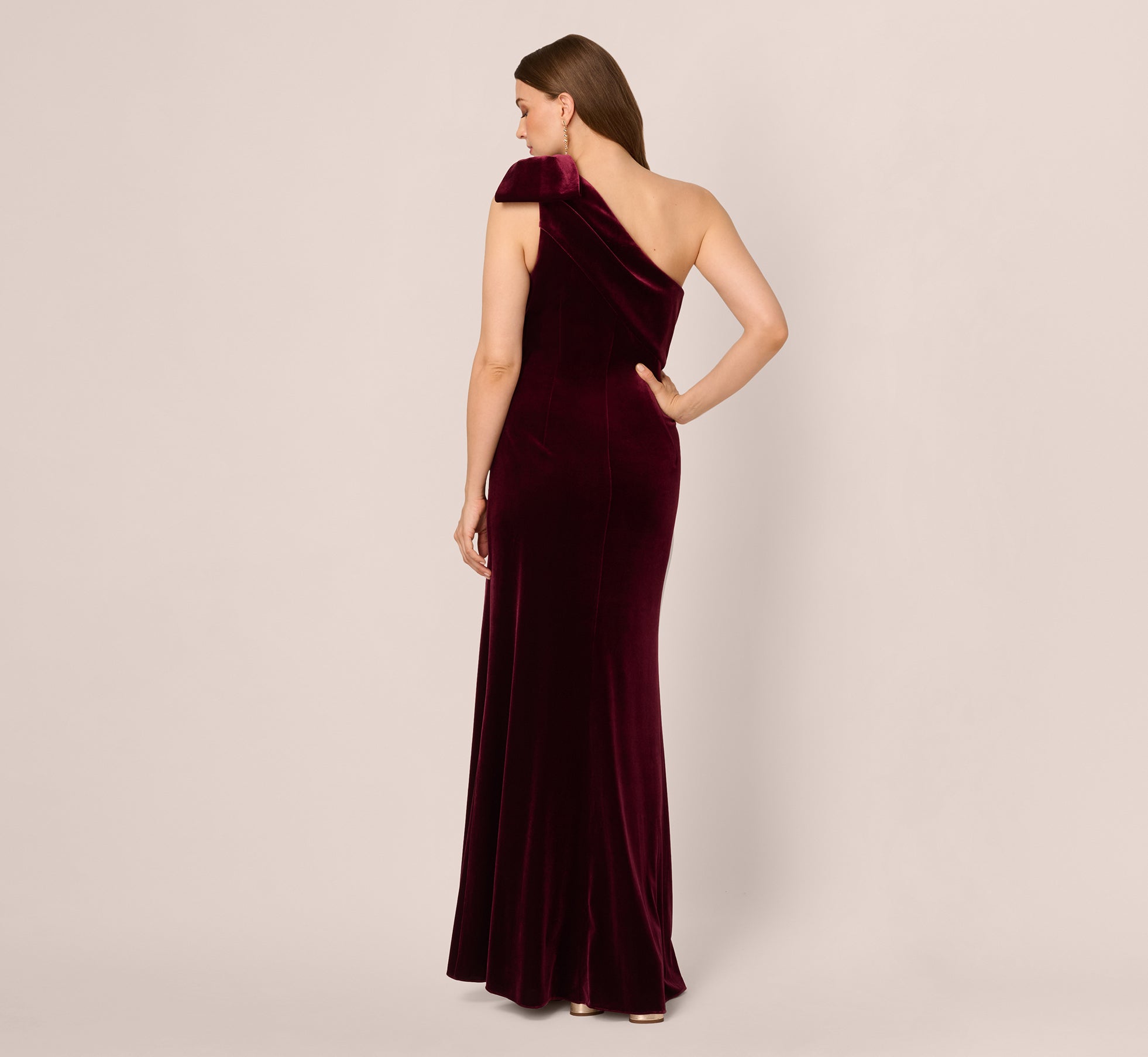 One Shoulder Velvet Bow Gown In Bordeaux