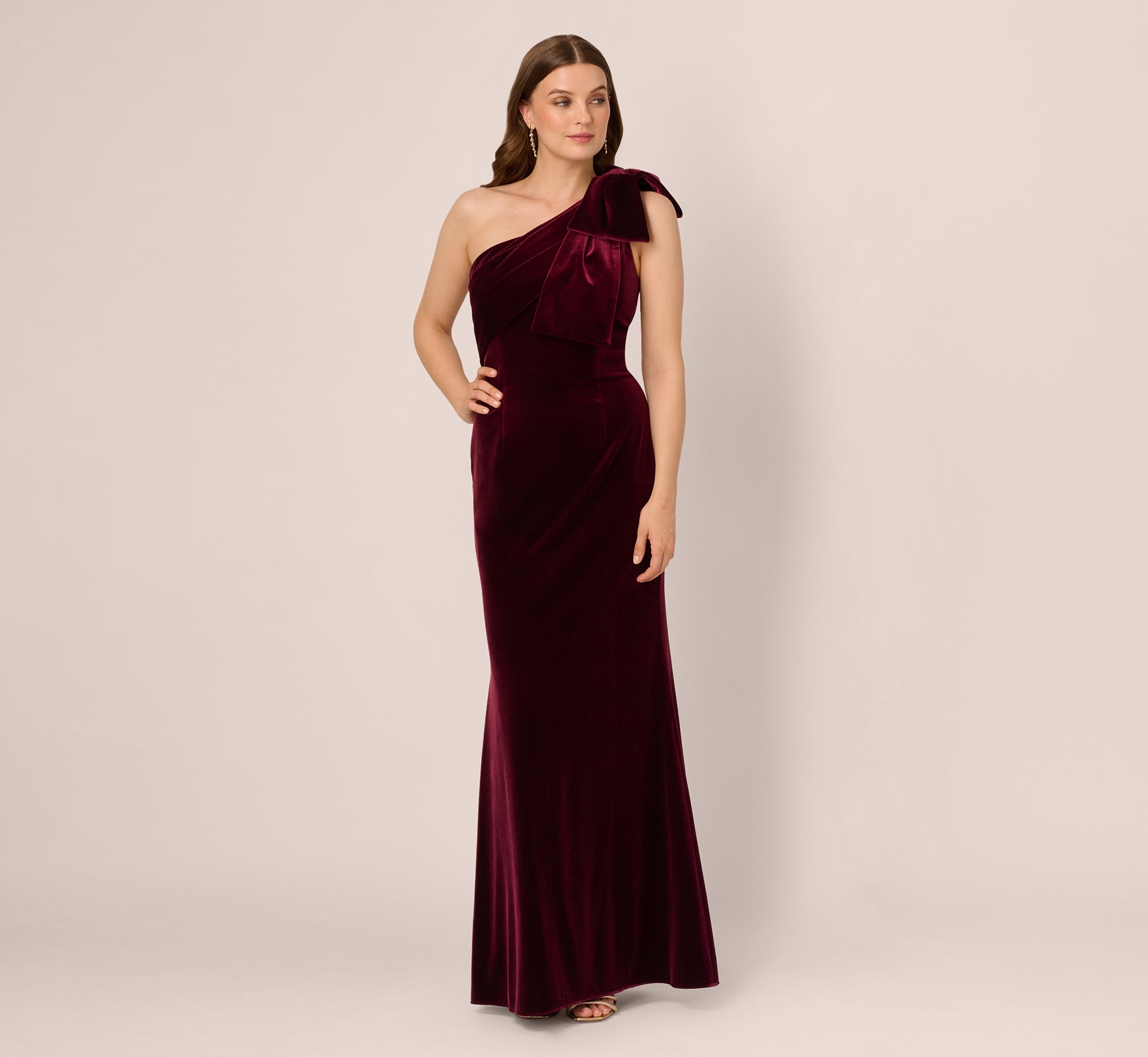 One Shoulder Velvet Bow Gown In Bordeaux