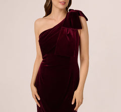 One Shoulder Velvet Bow Gown In Bordeaux