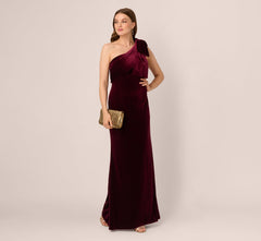 One Shoulder Velvet Bow Gown In Bordeaux