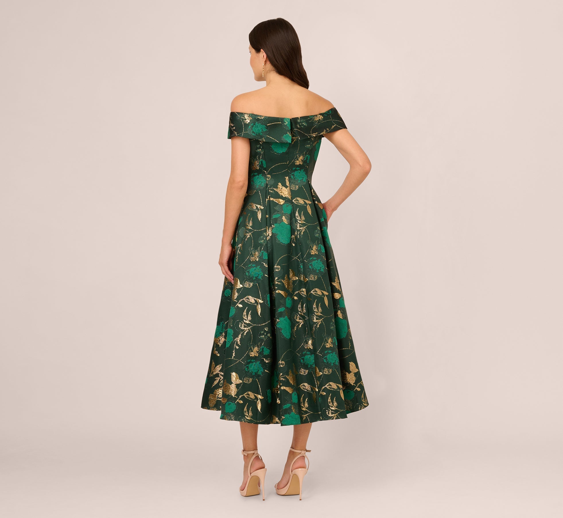 Off Shoulder Metallic Jacquard Midi Dress In Hunter Gold