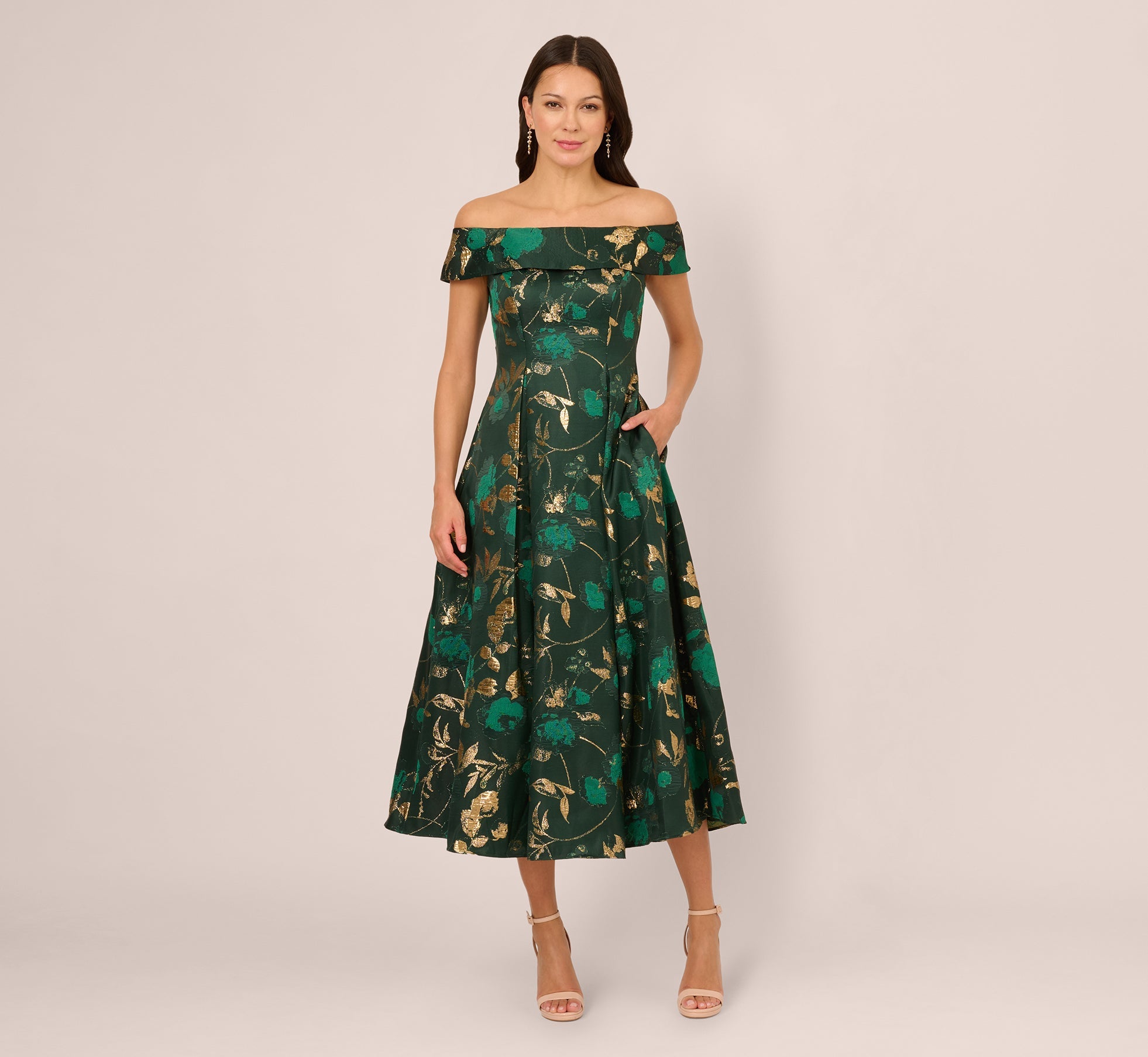 Off Shoulder Metallic Jacquard Midi Dress In Hunter Gold