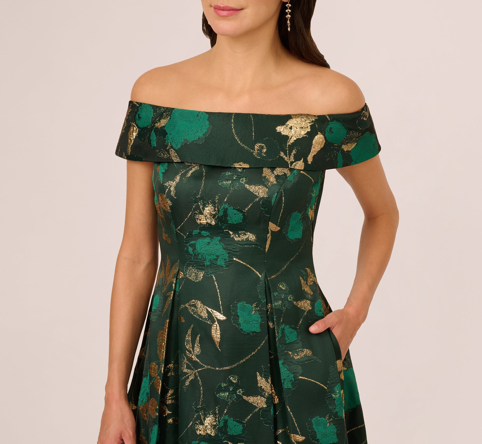 Off Shoulder Metallic Jacquard Midi Dress In Hunter Gold