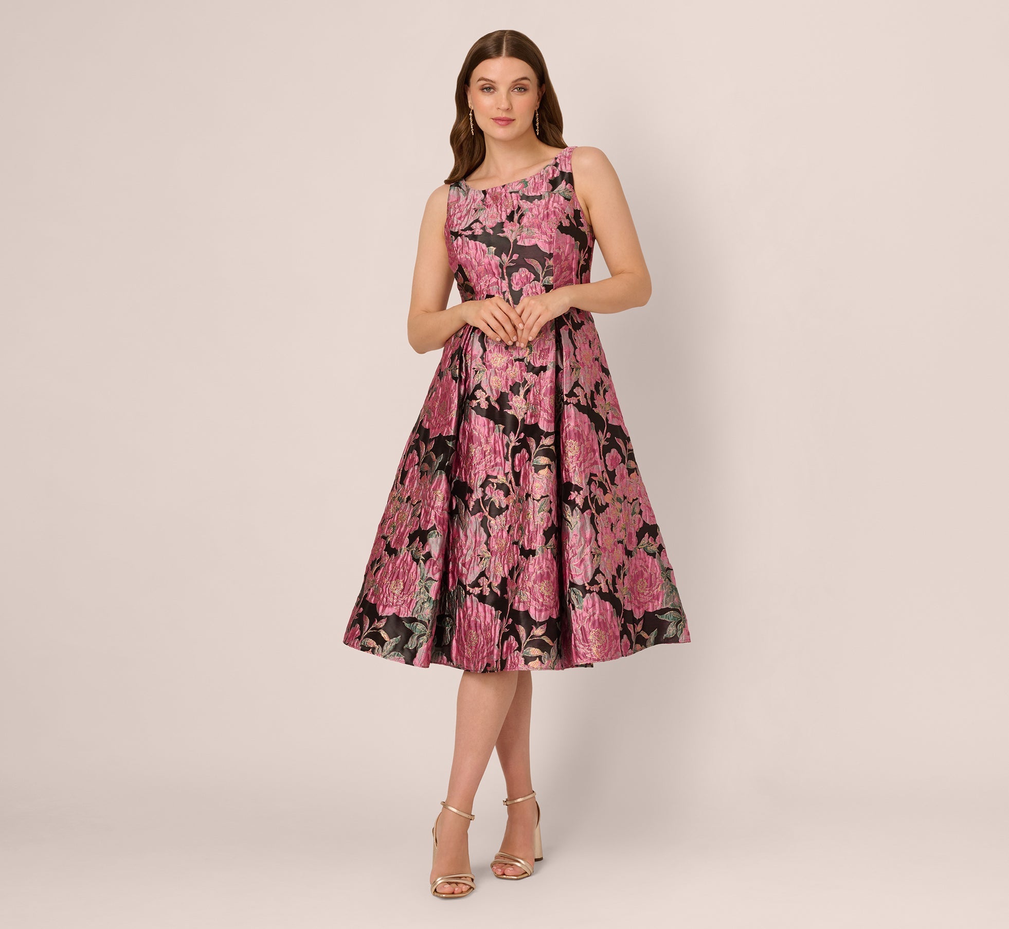Sleeveless Metallic Floral Jacquard Midi Dress In Black Pink Multi