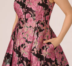 Sleeveless Metallic Floral Jacquard Midi Dress In Black Pink Multi
