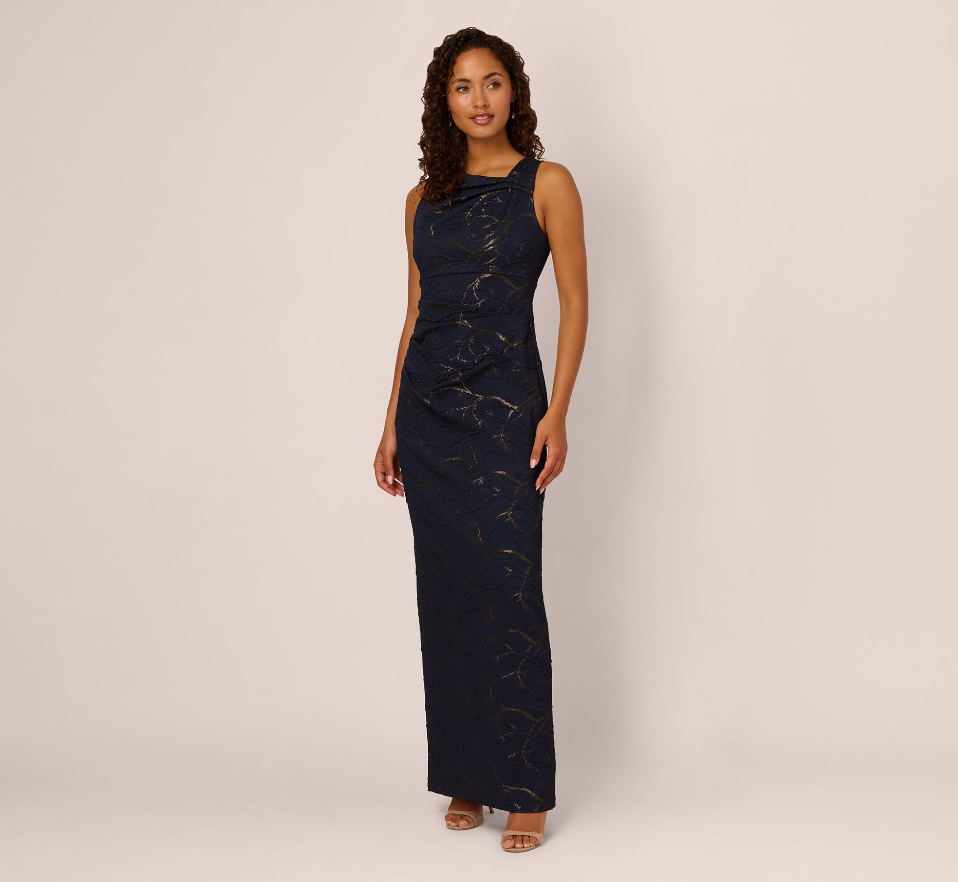 Sleeveless Jacquard Column Gown In Navy