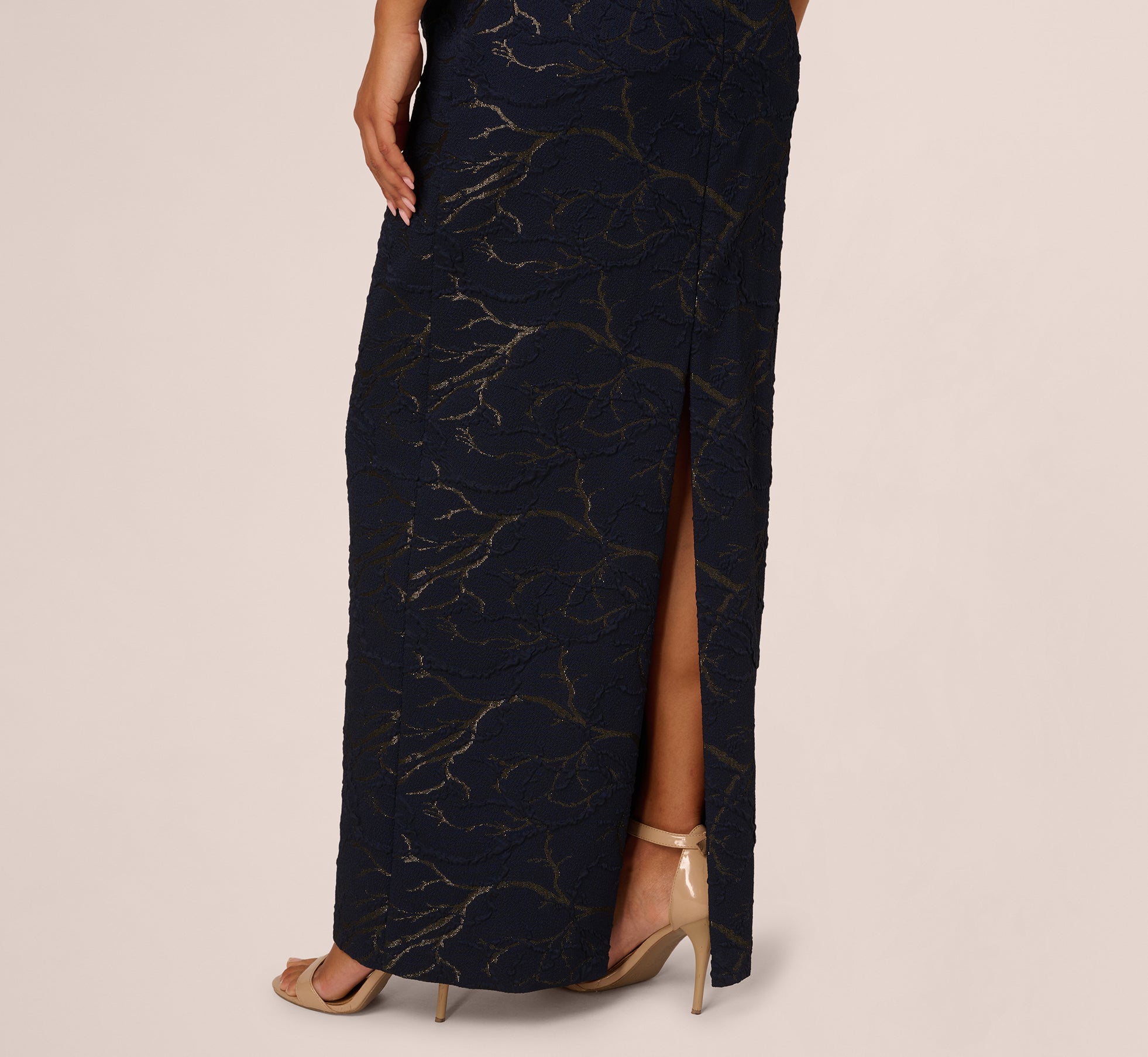 Sleeveless Jacquard Column Gown In Navy