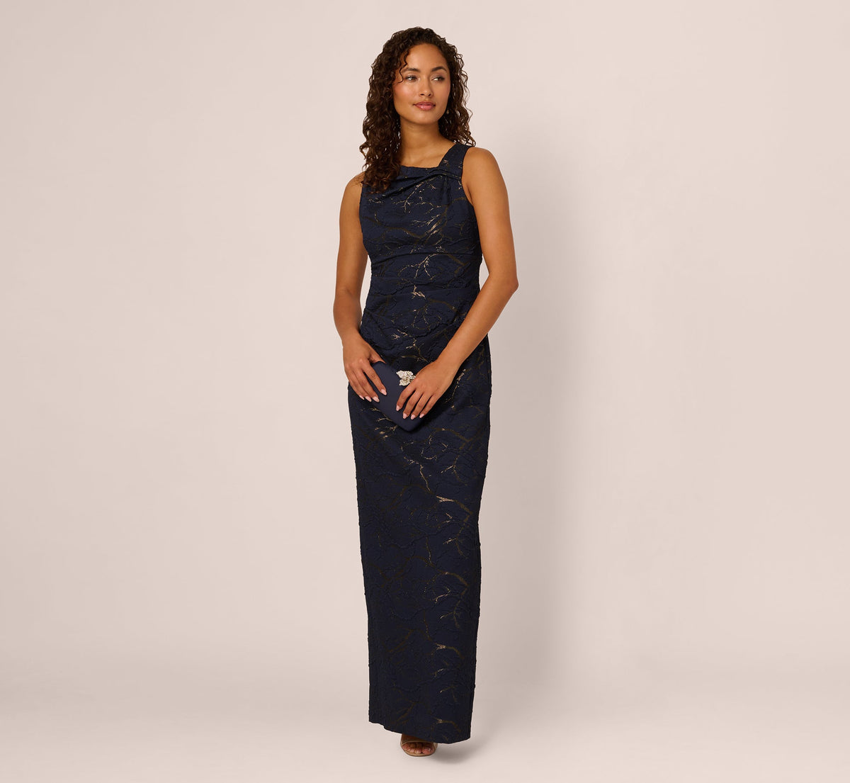 Sleeveless Jacquard Column Gown In Navy