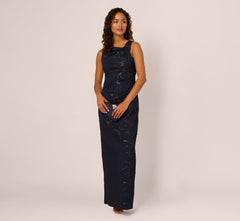 Sleeveless Jacquard Column Gown In Navy