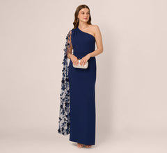 One Shoulder Floral Cape Sleeve Dress In Navy Sateen