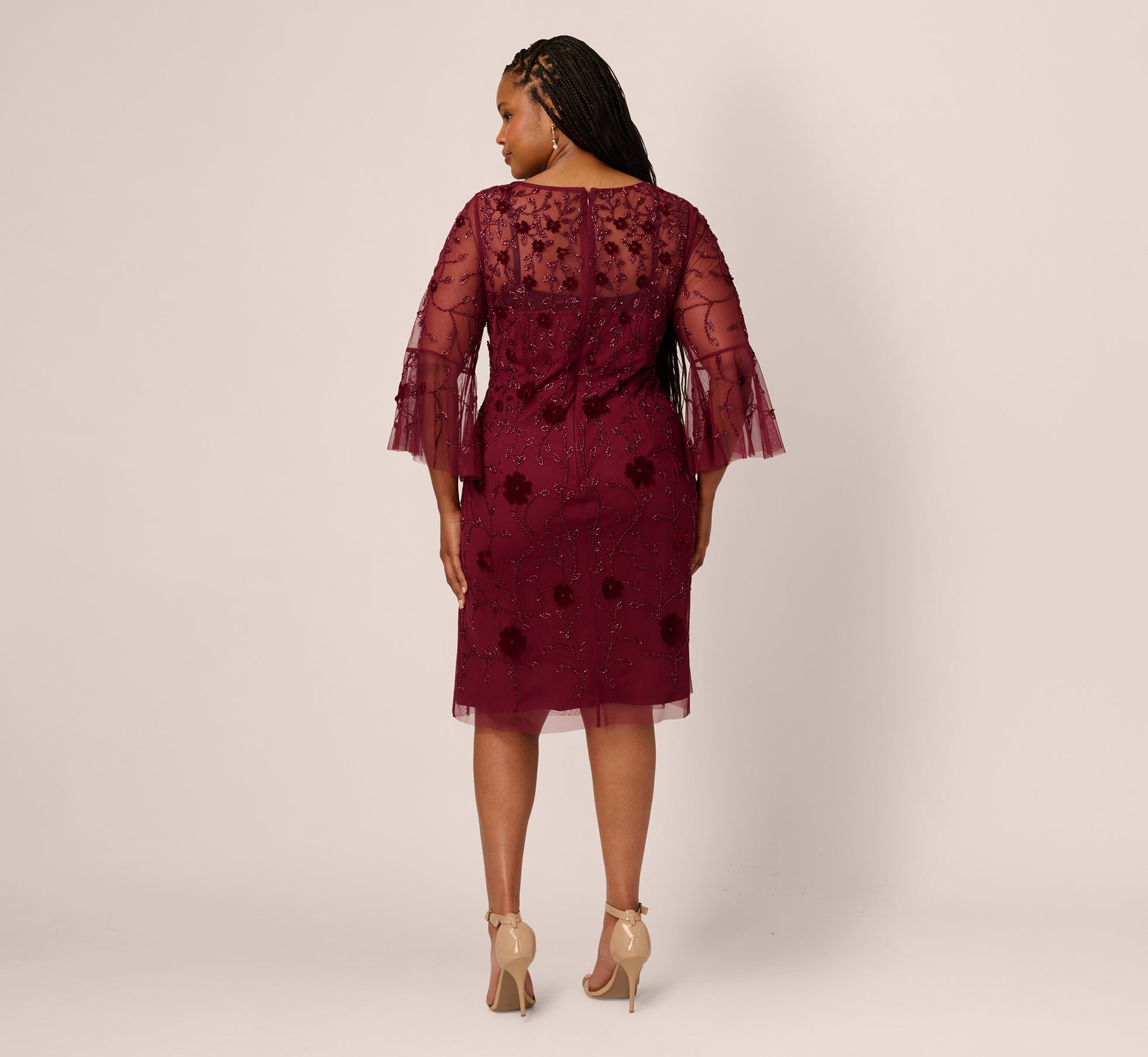 Plus Size Three Quarter Sleeve Velvet Floral Bead Sheath Dress In Mahogany