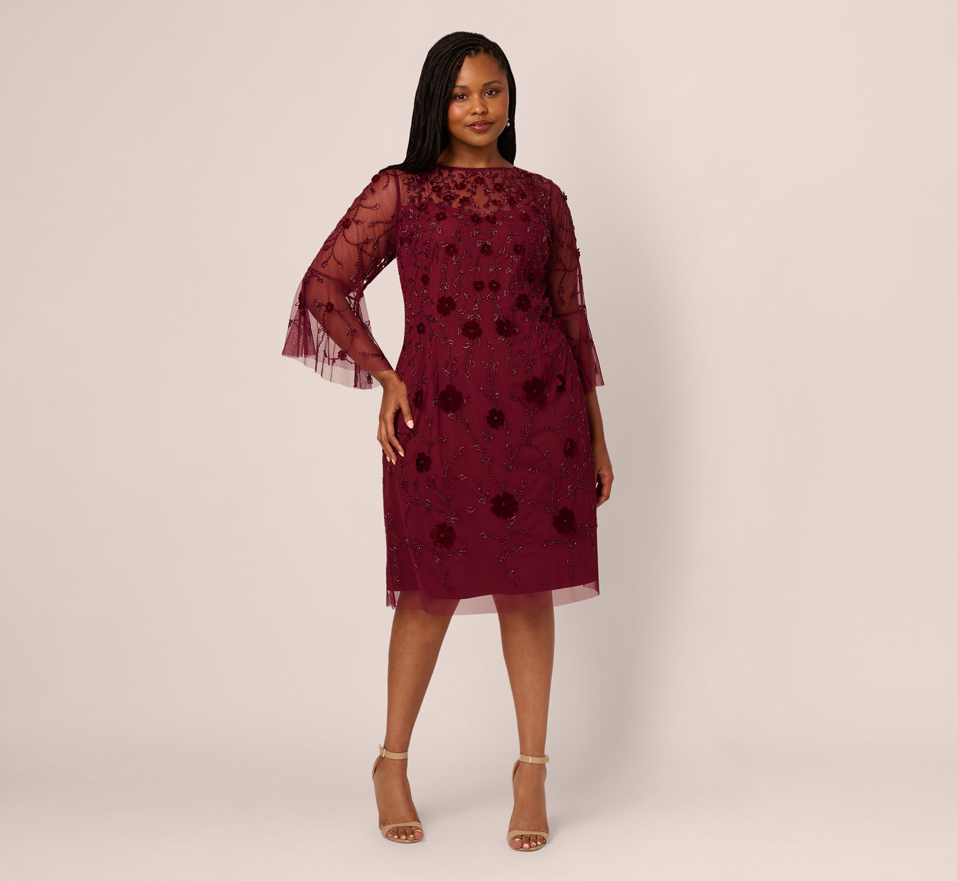 Plus Size Three Quarter Sleeve Velvet Floral Bead Sheath Dress In Mahogany