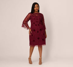 Plus Size Three Quarter Sleeve Velvet Floral Bead Sheath Dress In Mahogany
