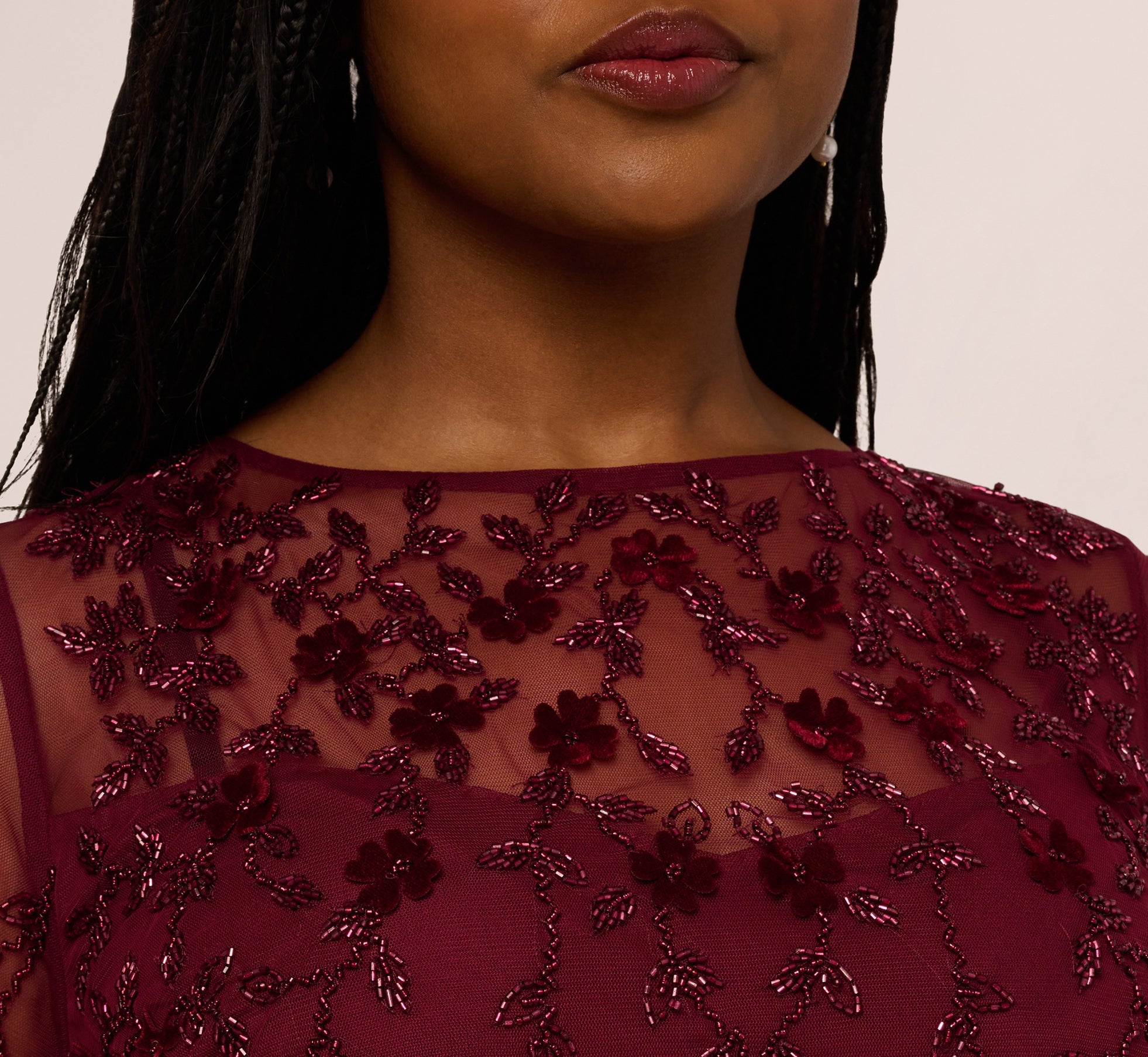 Plus Size Three Quarter Sleeve Velvet Floral Bead Sheath Dress In Mahogany