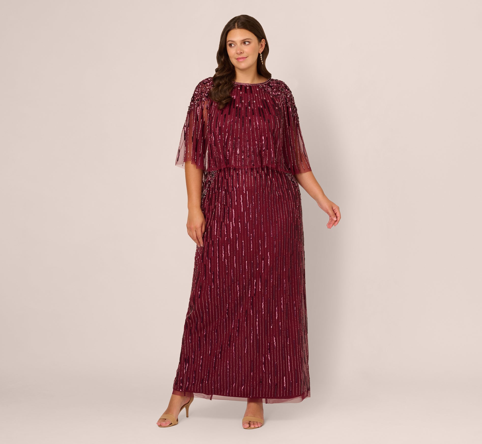 Plus Size Linear Bead Cape Column Gown In Mahogany