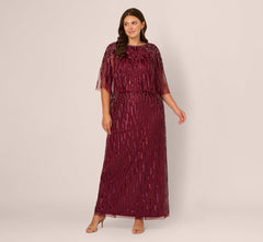 Plus Size Linear Bead Cape Column Gown In Mahogany