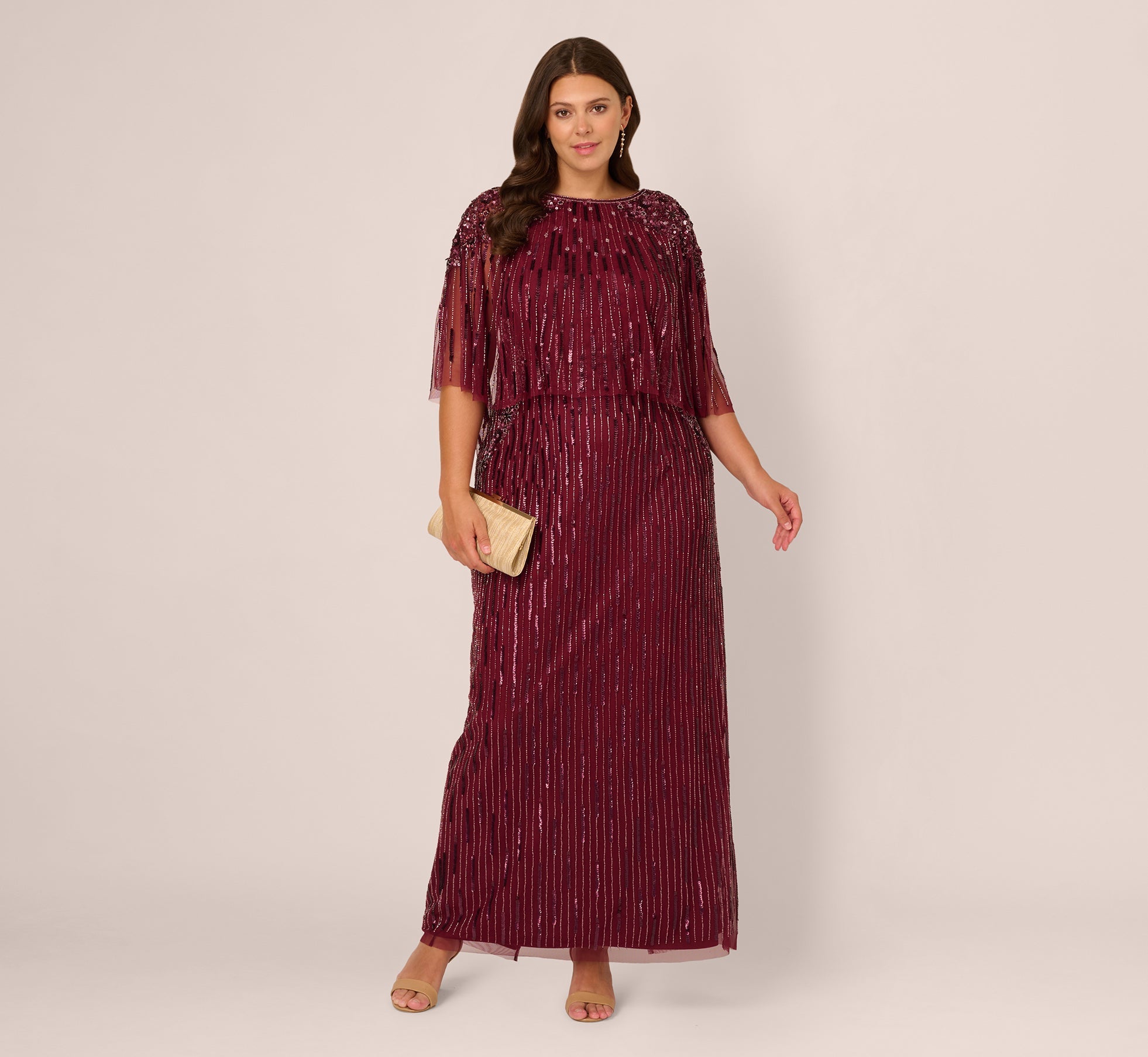 Plus Size Linear Bead Cape Column Gown In Mahogany