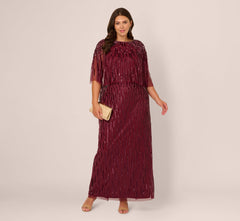 Plus Size Linear Bead Cape Column Gown In Mahogany