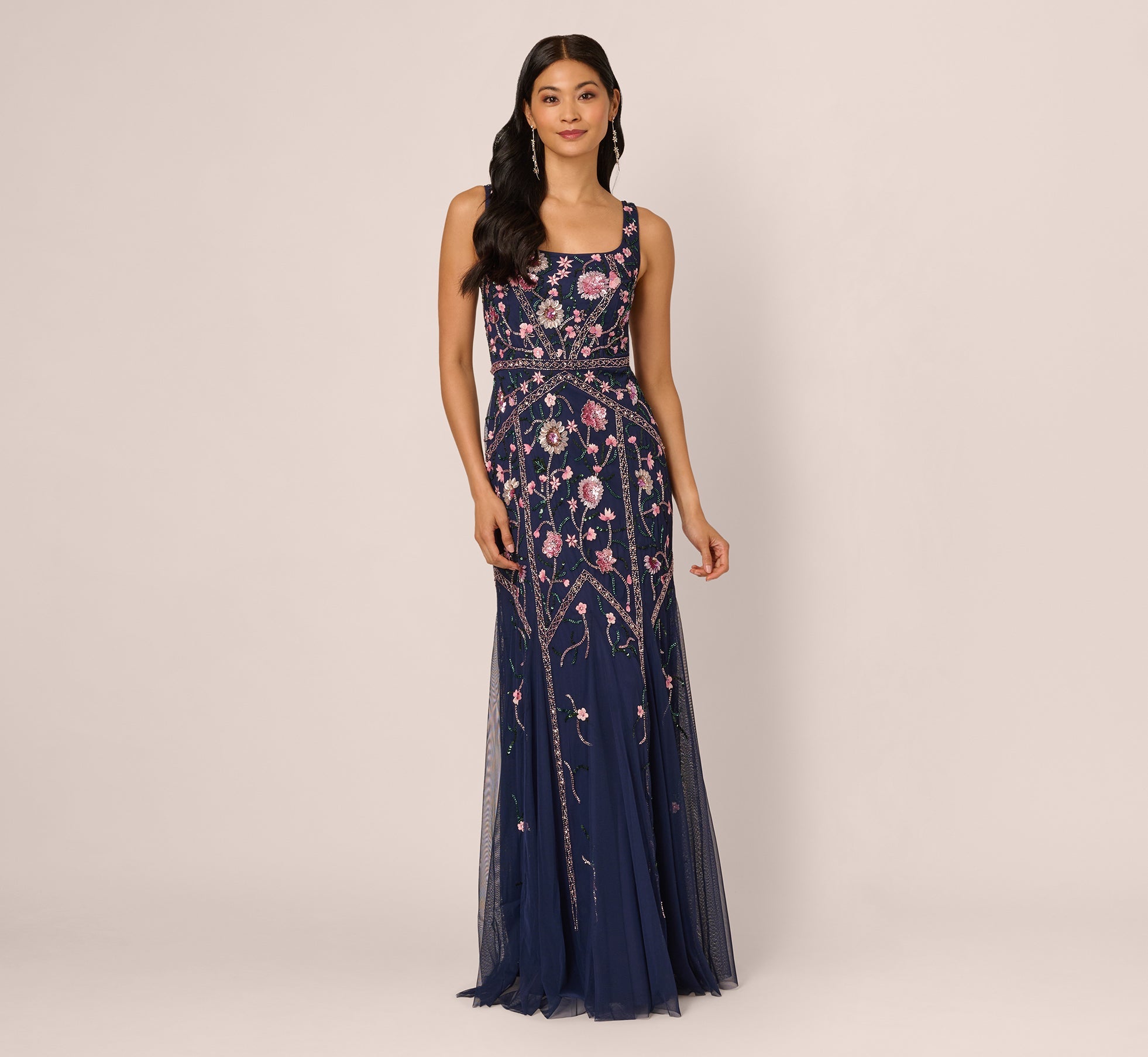 Sleeveless Square Neck Floral Beaded Godet Gown In Navy Pink Multi