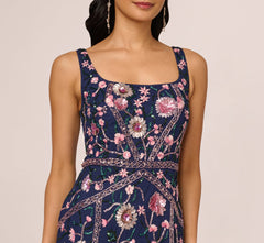 Sleeveless Square Neck Floral Beaded Godet Gown In Navy Pink Multi