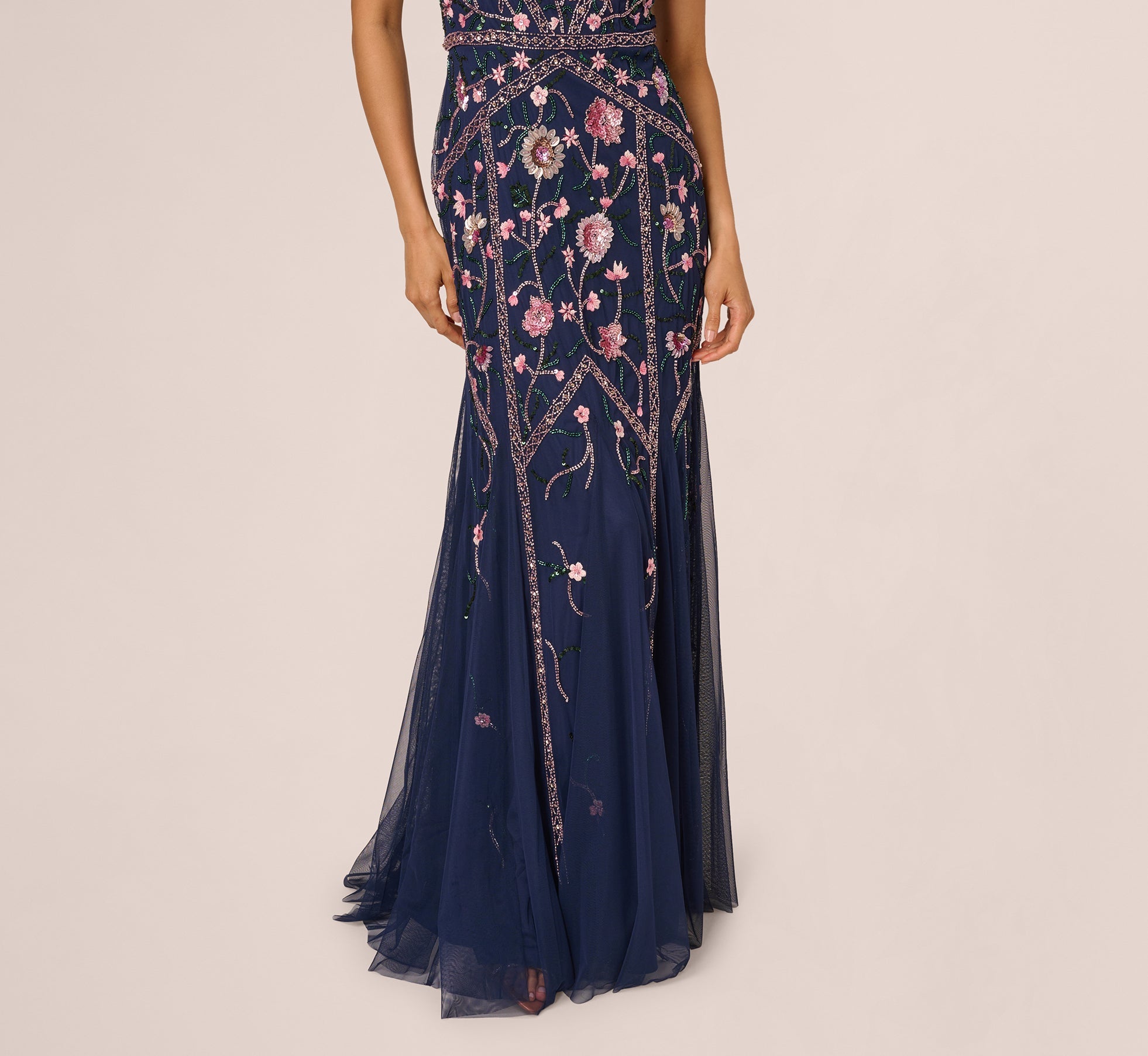Sleeveless Square Neck Floral Beaded Godet Gown In Navy Pink Multi