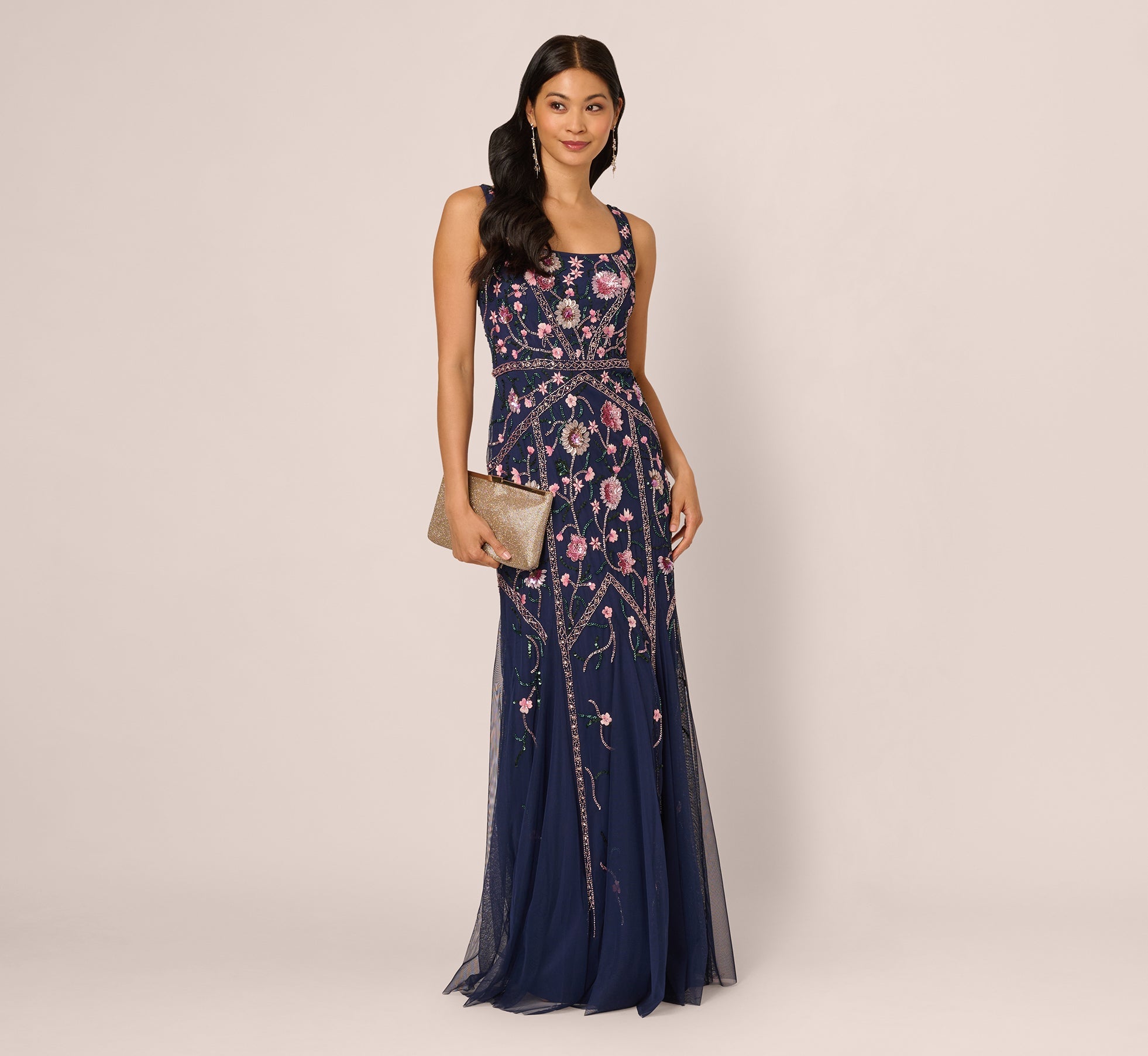 Sleeveless Square Neck Floral Beaded Godet Gown In Navy Pink Multi
