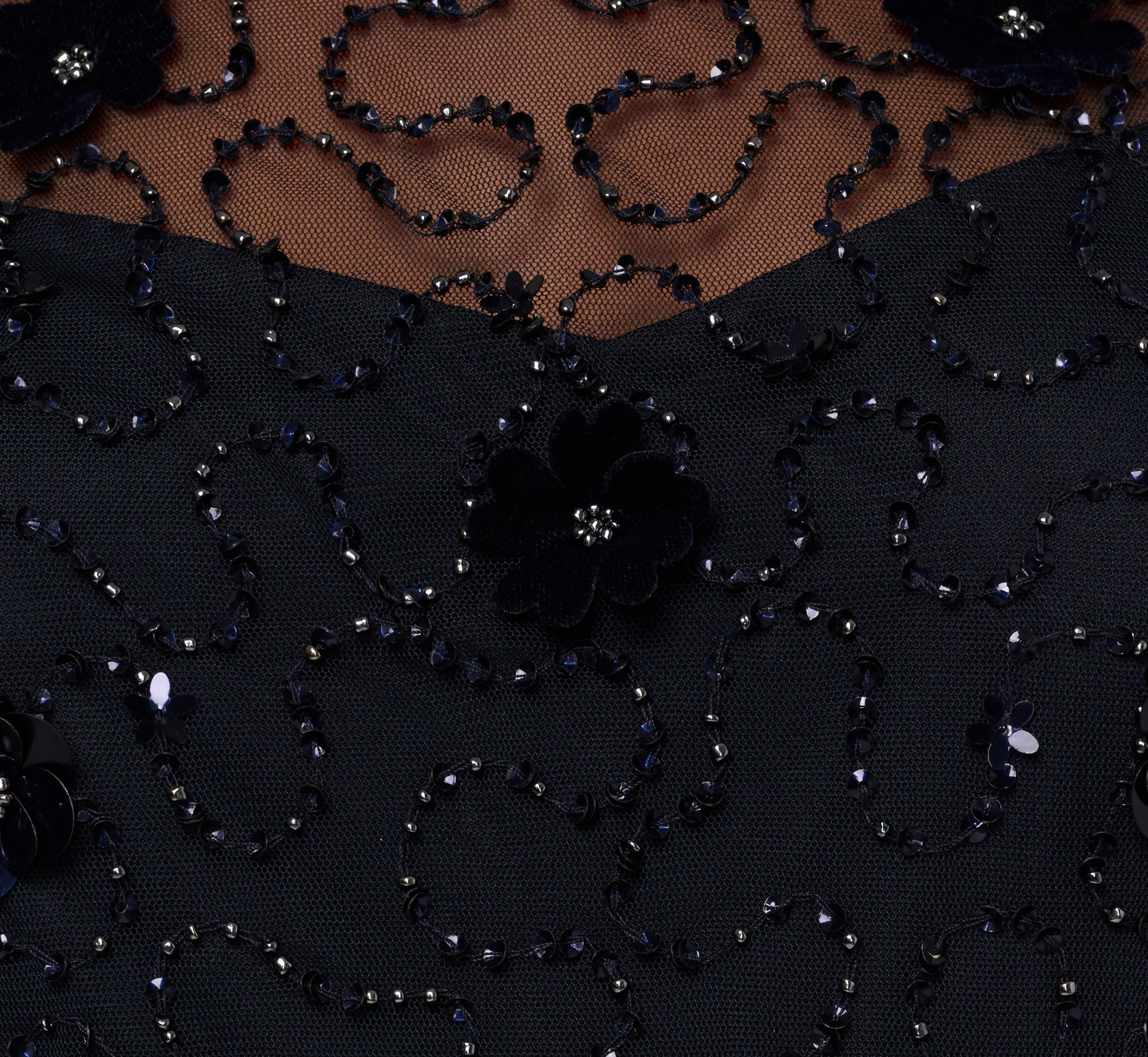 Plus Size Long Sleeve Illusion Floral Beaded Midi Dress In Midnight