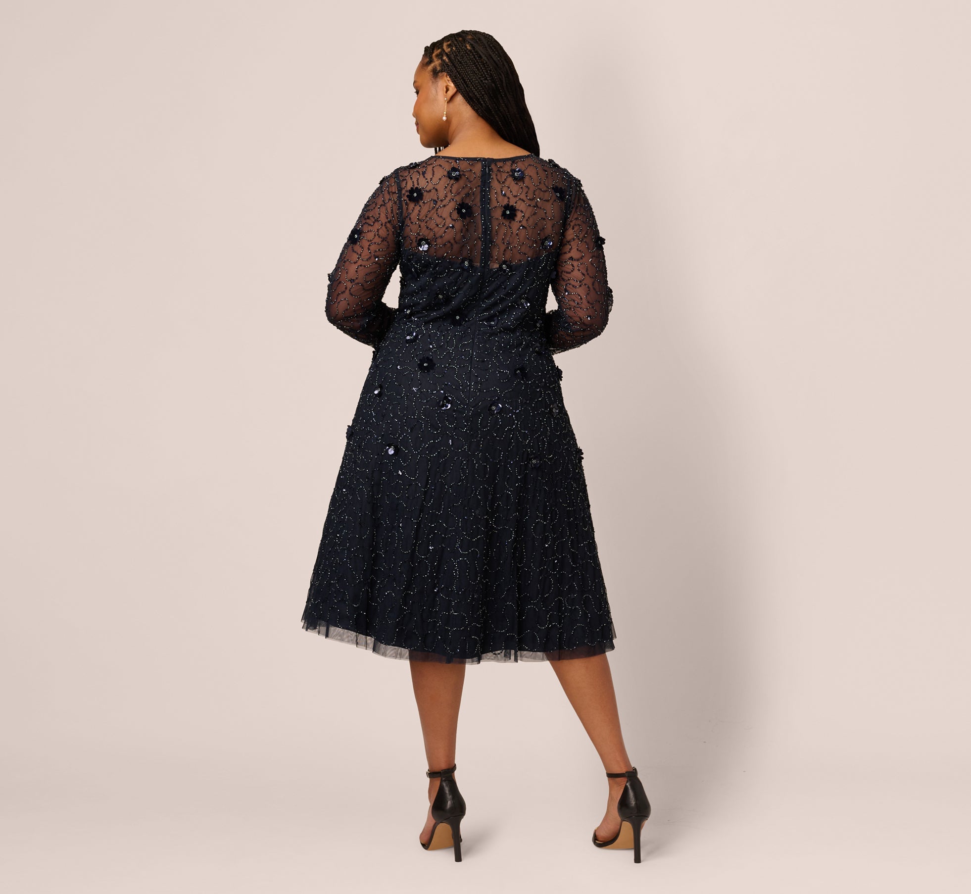 Plus Size Long Sleeve Illusion Floral Beaded Midi Dress In Midnight