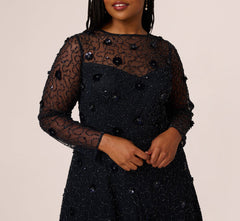 Plus Size Long Sleeve Illusion Floral Beaded Midi Dress In Midnight