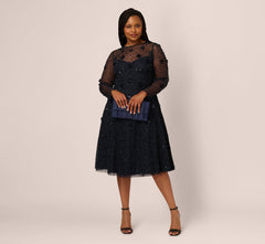 Plus Size Long Sleeve Illusion Floral Beaded Midi Dress In Midnight