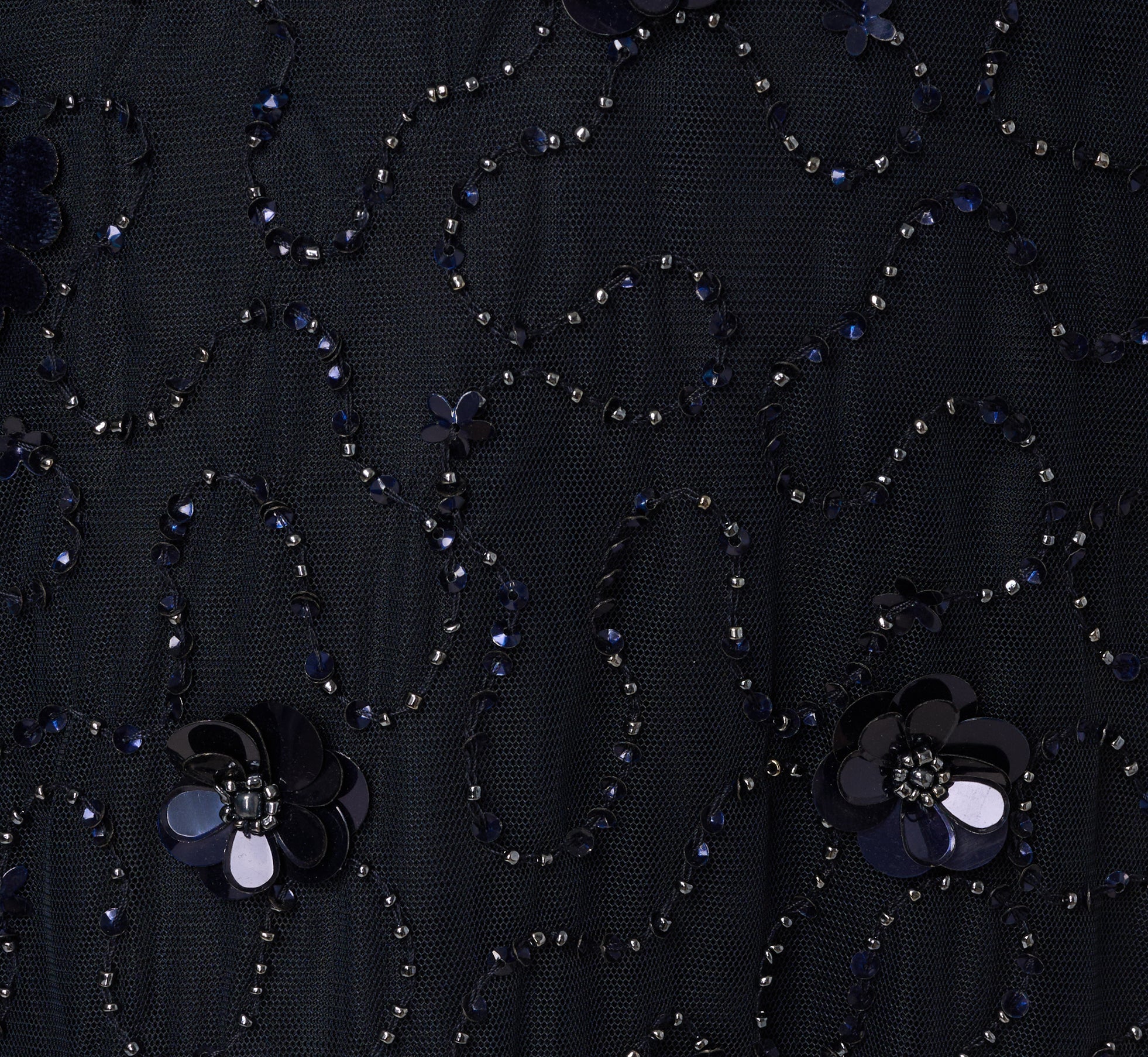 Long Sleeve Illusion Floral Beaded Midi Dress In Midnight