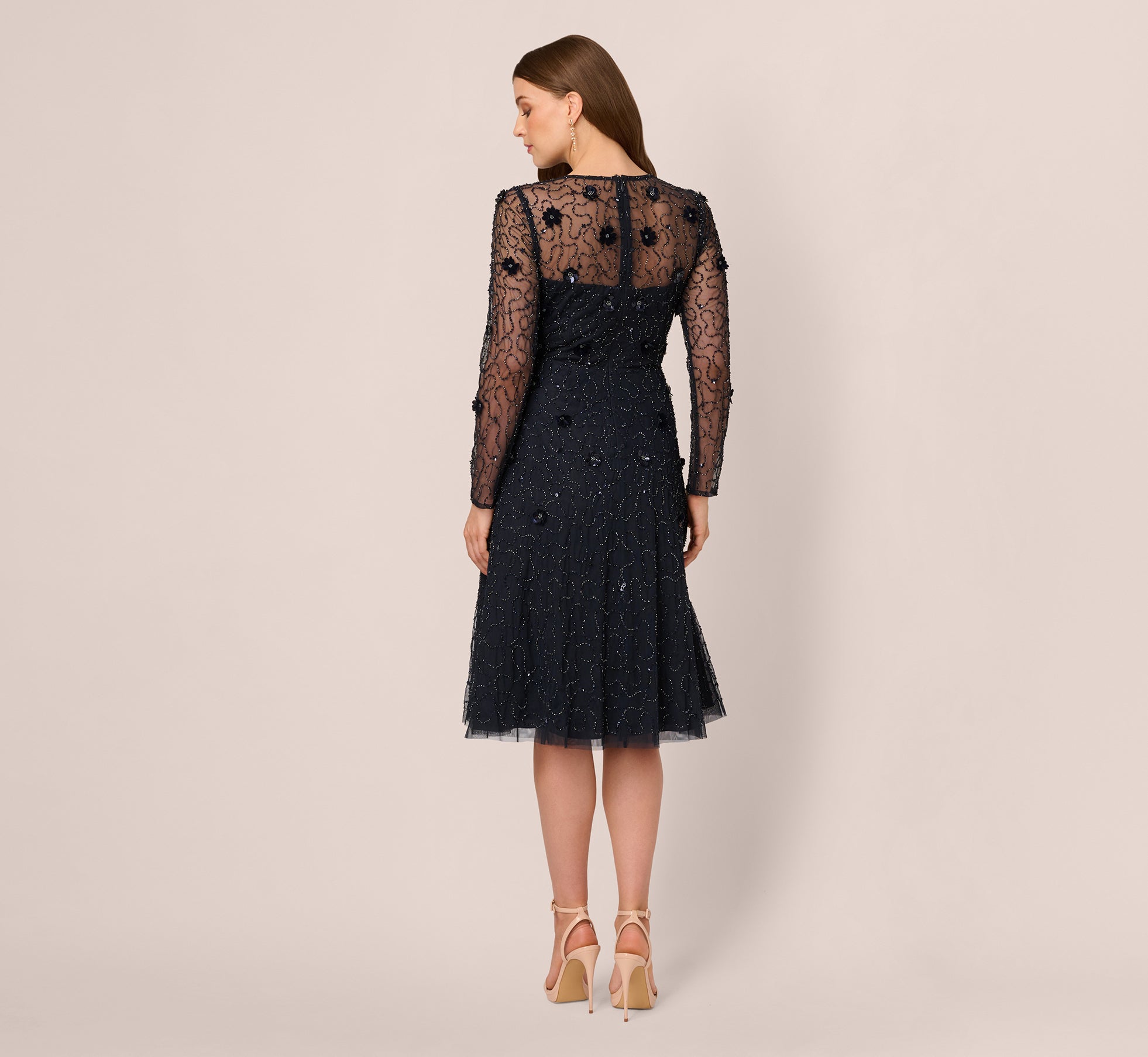 Long Sleeve Illusion Floral Beaded Midi Dress In Midnight