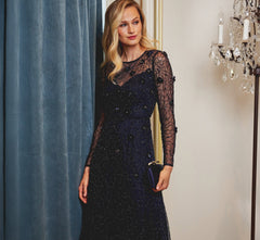 Long Sleeve Illusion Floral Beaded Midi Dress In Midnight