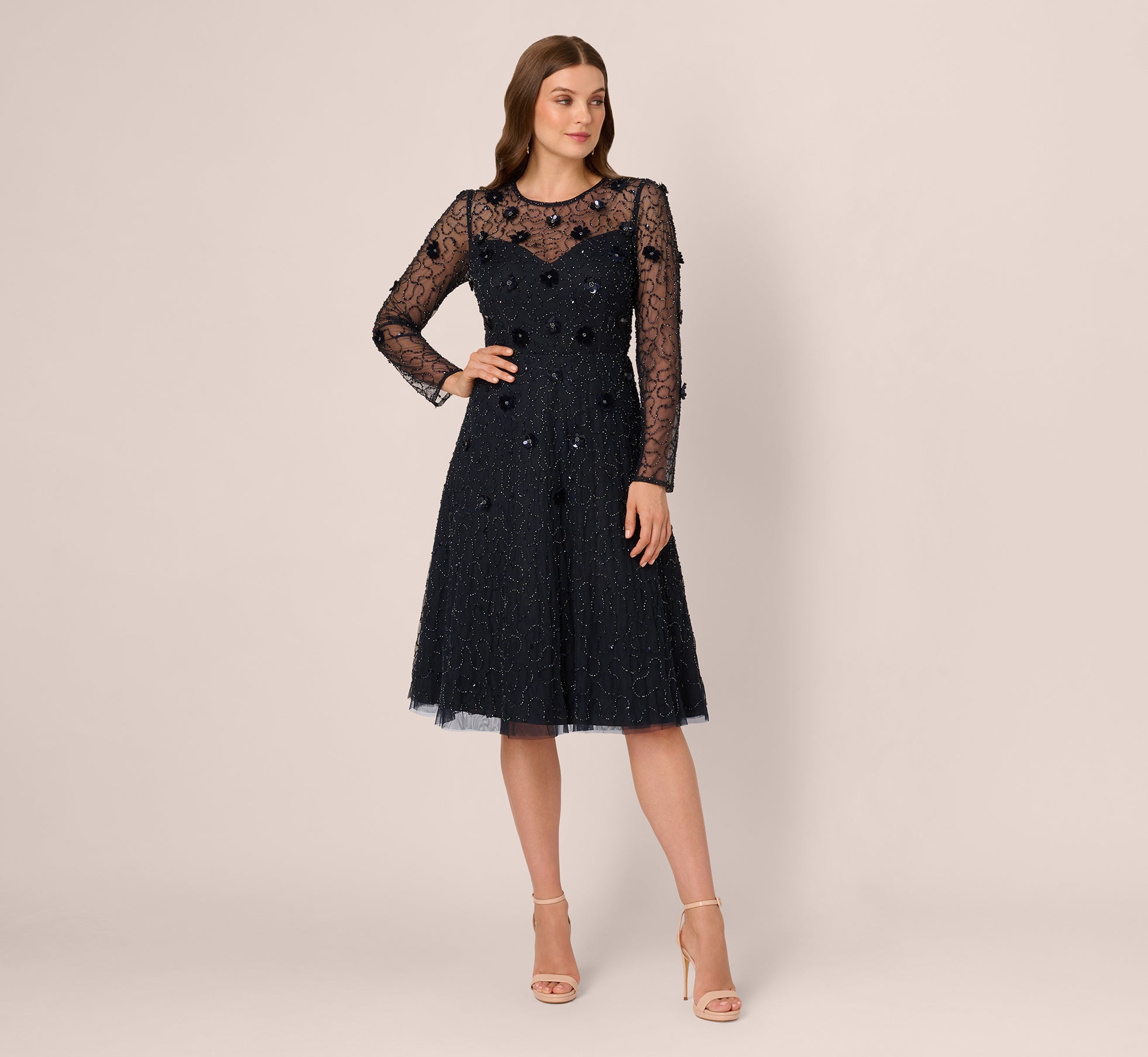 Long Sleeve Illusion Floral Beaded Midi Dress In Midnight