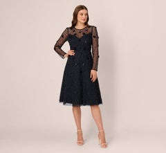 Long Sleeve Illusion Floral Beaded Midi Dress In Midnight