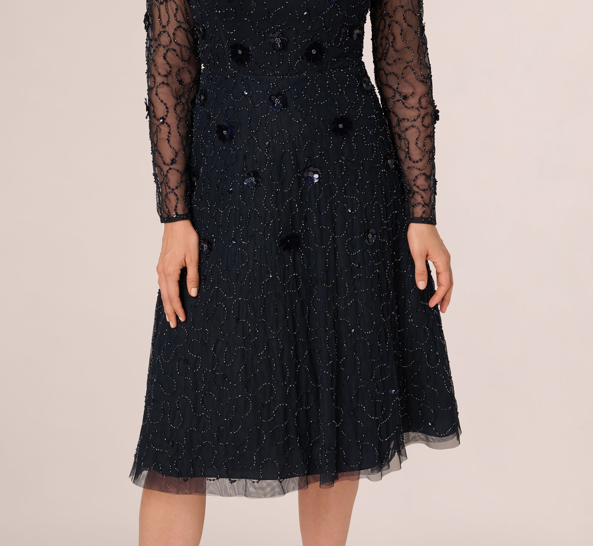 Long Sleeve Illusion Floral Beaded Midi Dress In Midnight